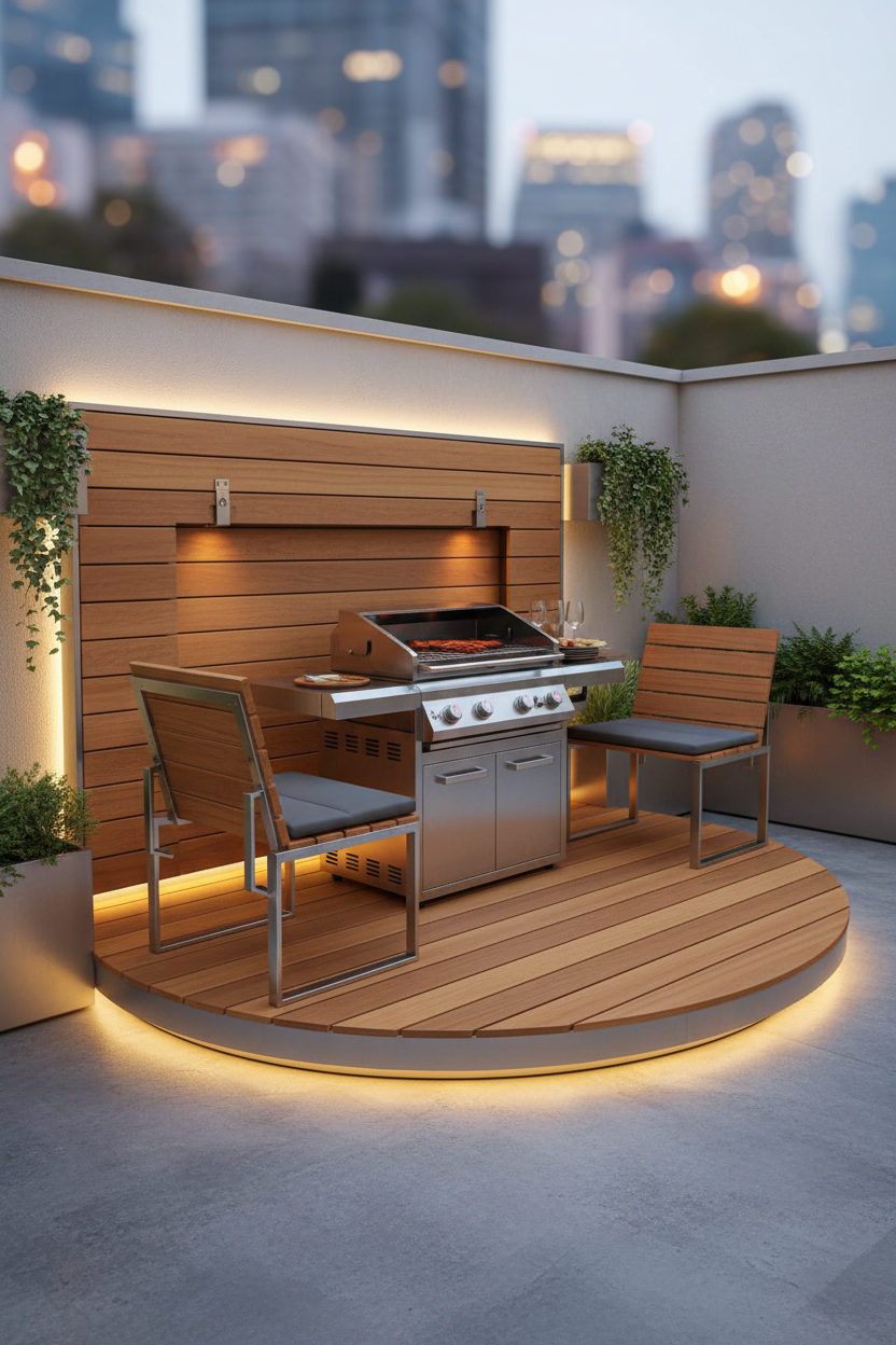 una terraza portatil con parrilla, ideal para armar cuando estas con compañia, y despues guardarla, levantandola hacia una pared, la imagen tiene que ser vertical